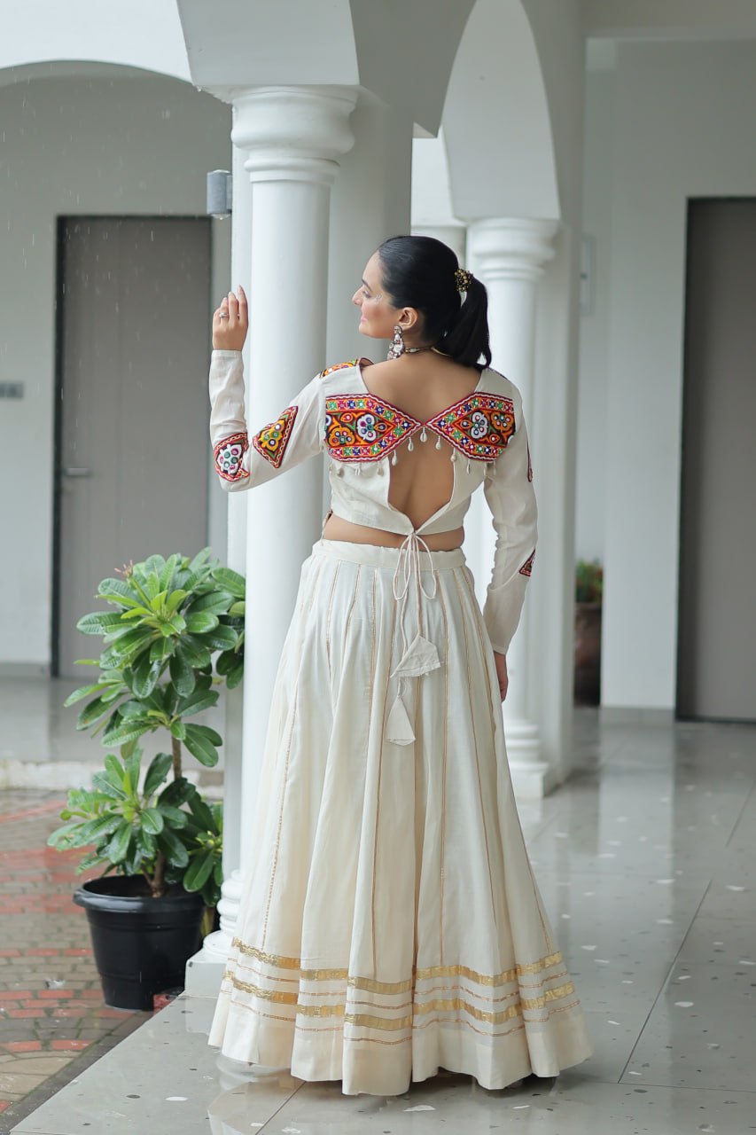 White Kora Cotton Kutchi Gamthi Embroidered Work Navratri Lehenga Choli