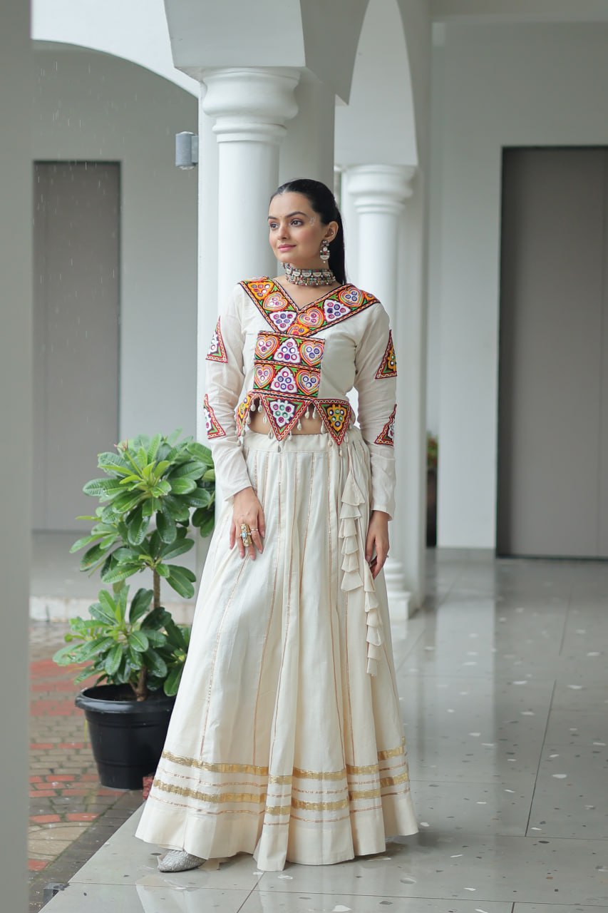 White Kora Cotton Kutchi Gamthi Embroidered Work Navratri Lehenga Choli
