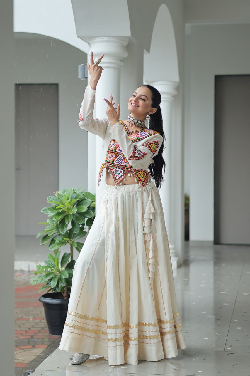 White Kora Cotton Kutchi Gamthi Embroidered Work Navratri Lehenga Choli