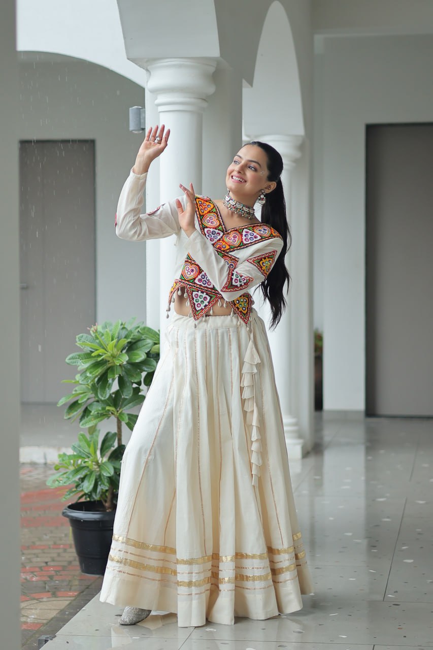 White Kora Cotton Kutchi Gamthi Embroidered Work Navratri Lehenga Choli
