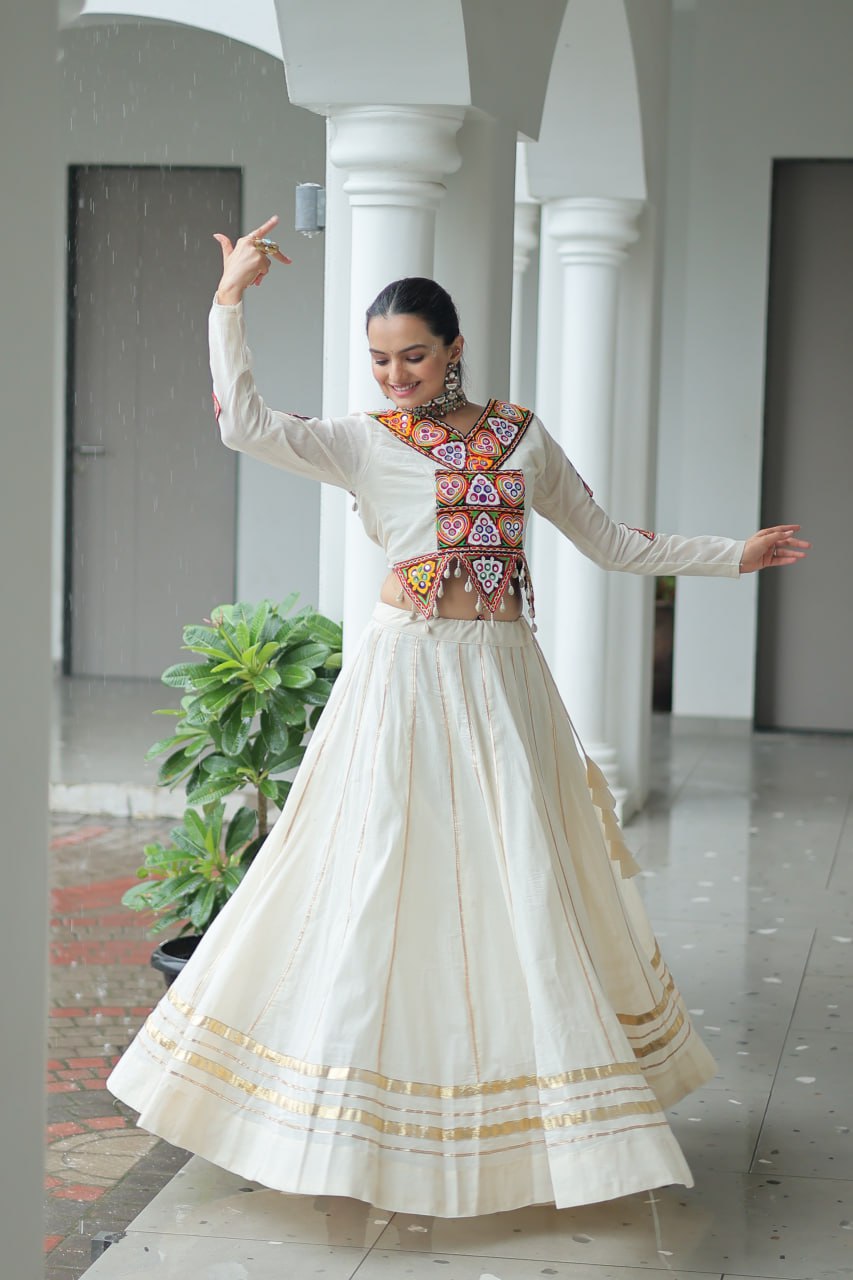 White Kora Cotton Kutchi Gamthi Embroidered Work Navratri Lehenga Choli