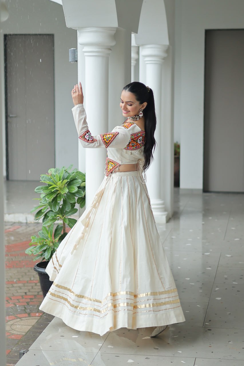 White Kora Cotton Kutchi Gamthi Embroidered Work Navratri Lehenga Choli