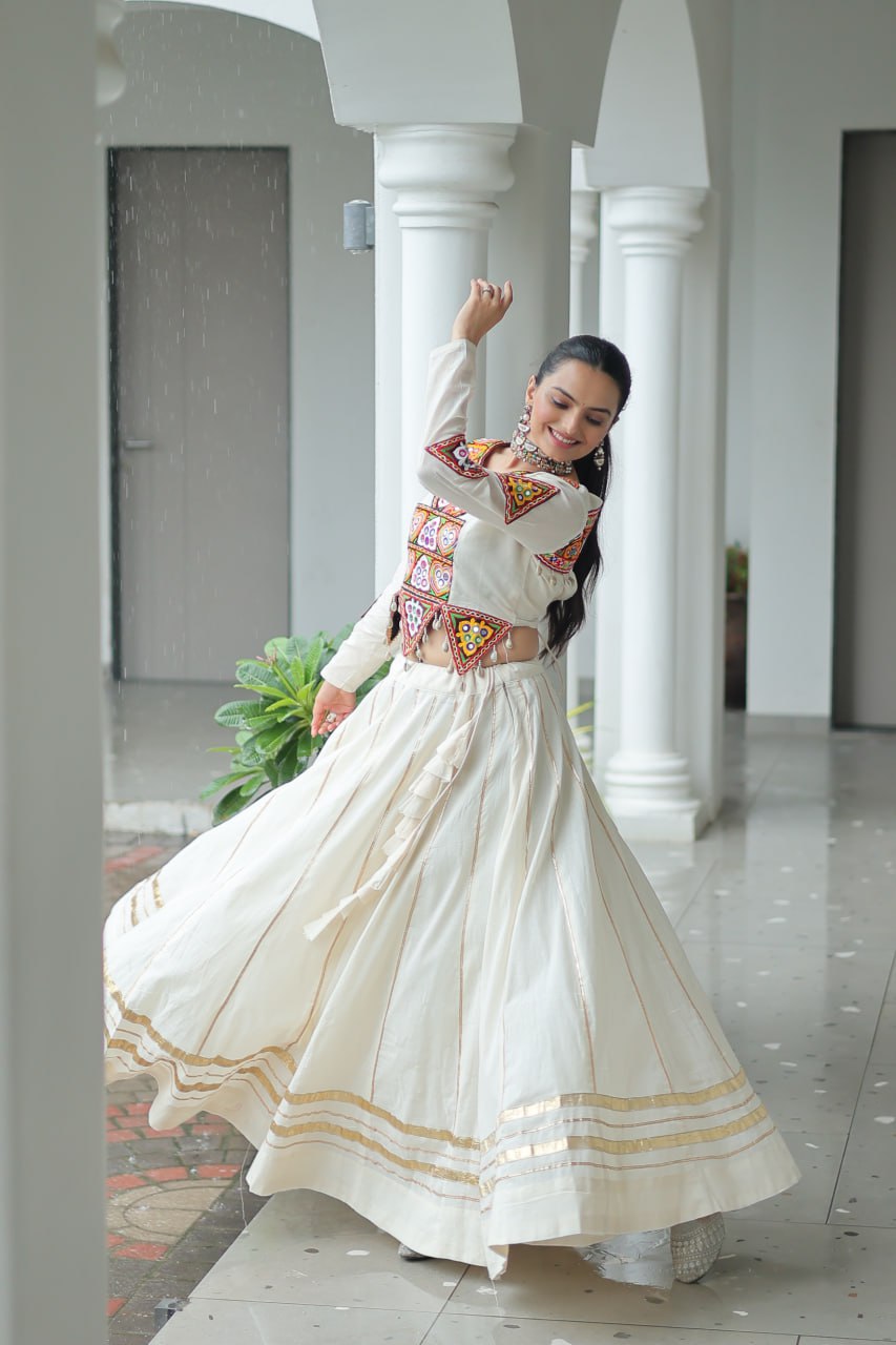 White Kora Cotton Kutchi Gamthi Embroidered Work Navratri Lehenga Choli