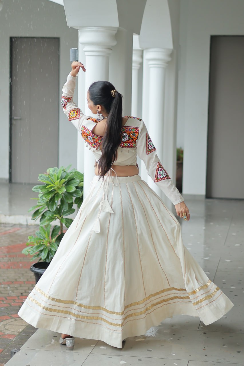 White Kora Cotton Kutchi Gamthi Embroidered Work Navratri Lehenga Choli