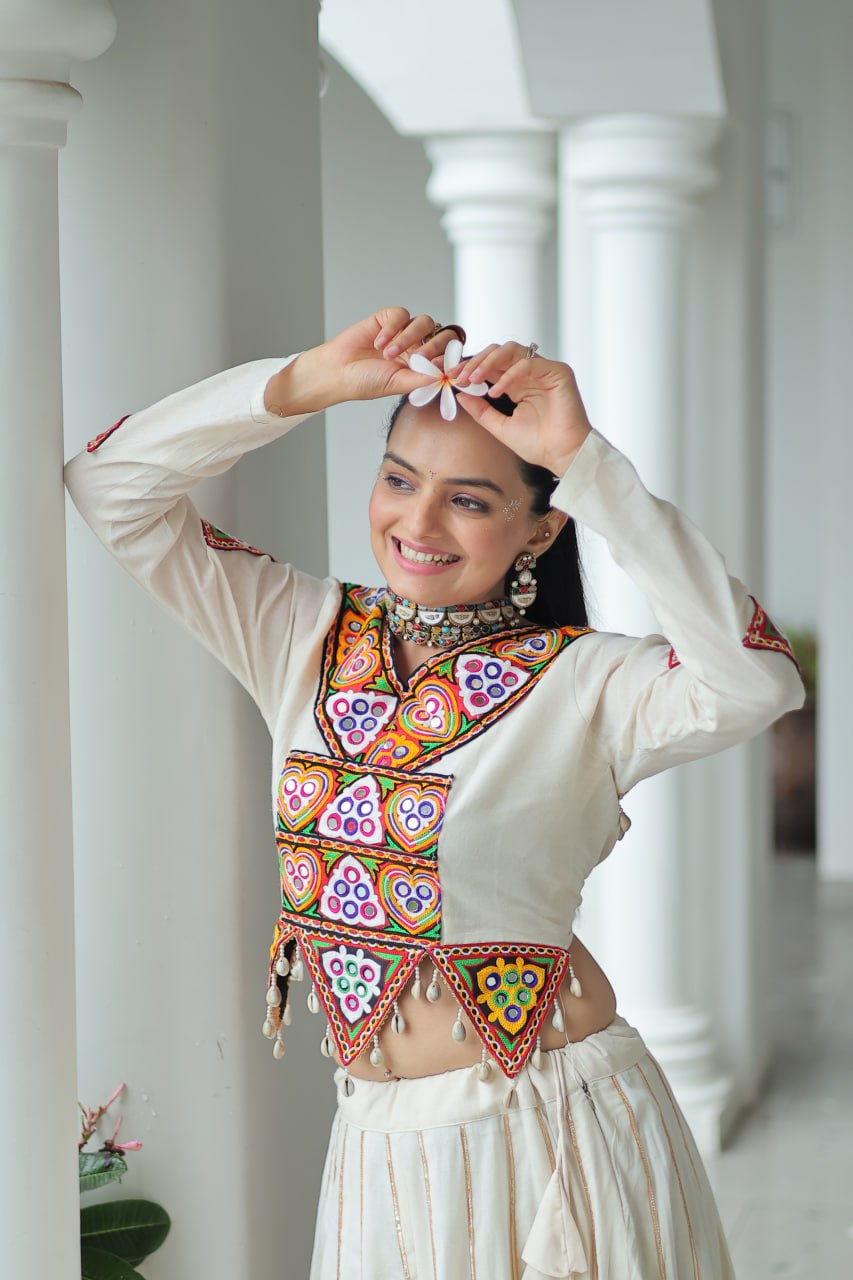 White Kora Cotton Kutchi Gamthi Embroidered Work Navratri Lehenga Choli