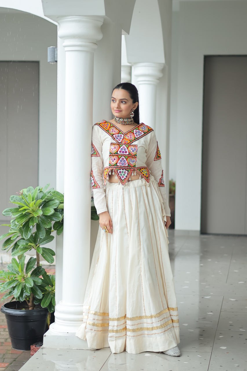White Kora Cotton Kutchi Gamthi Embroidered Work Navratri Lehenga Choli