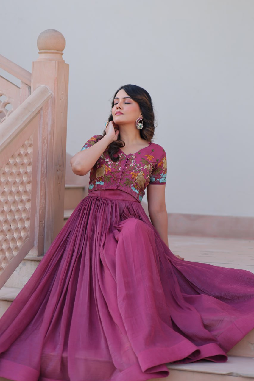 Pink Silver Crunchy Fabric Fancy Round Neck Work Gown With Koti