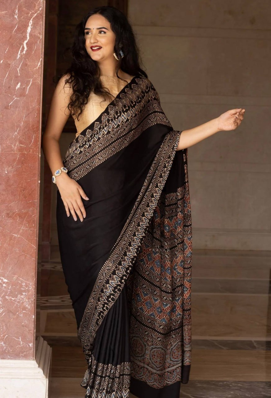New Black Original Semi Gajji Silk Traditional Ajrak Design Saree