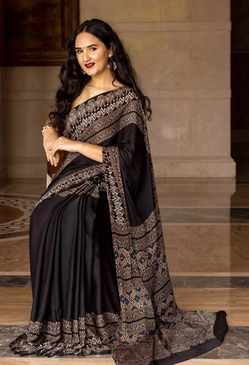 New Black Original Semi Gajji Silk Traditional Ajrak Design Saree
