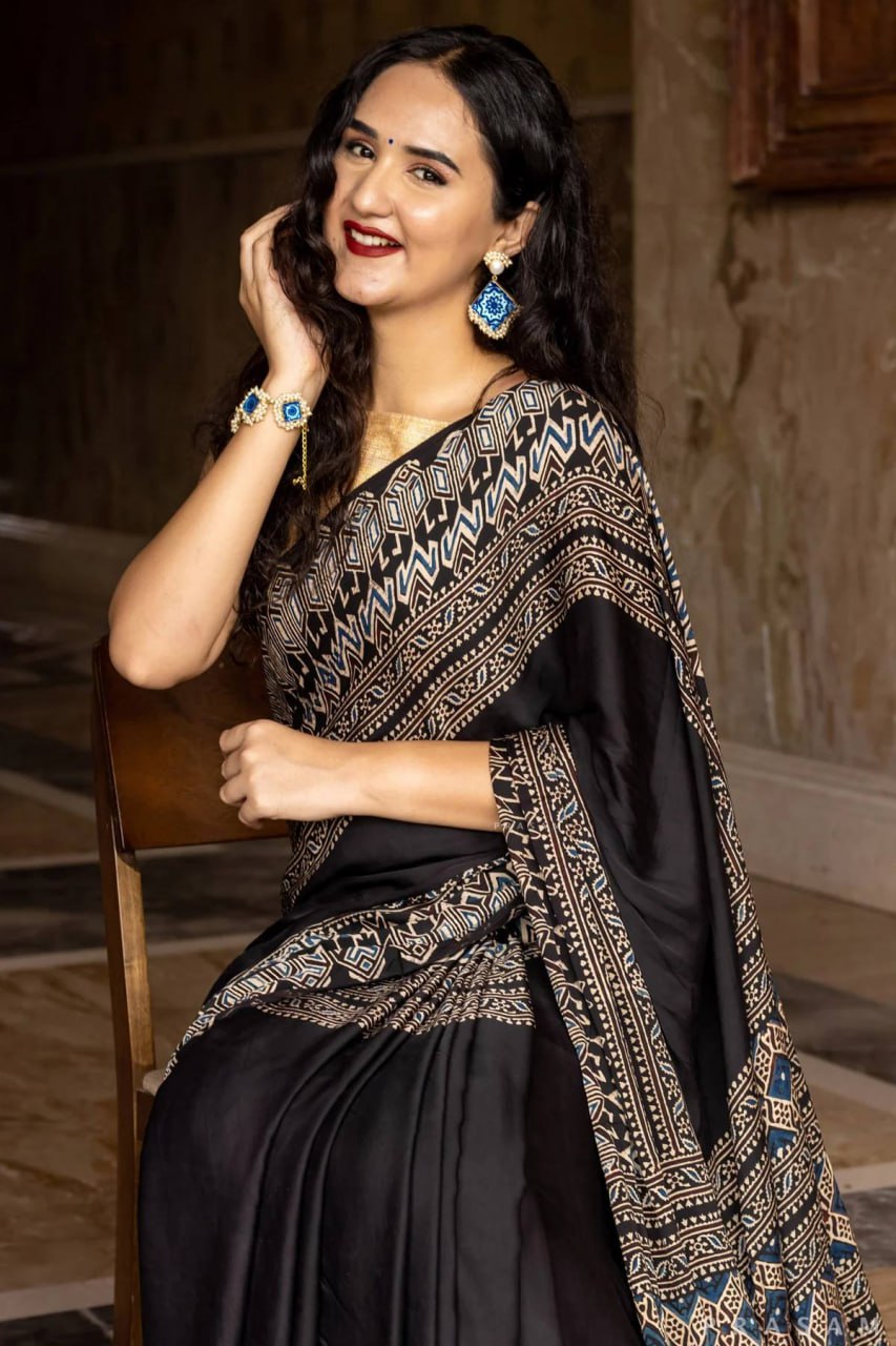New Black Original Semi Gajji Silk Traditional Ajrak Design Saree