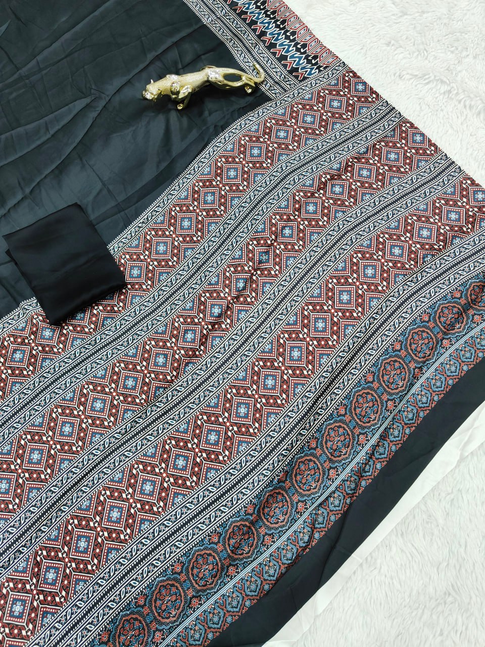 New Black Original Semi Gajji Silk Traditional Ajrak Design Saree