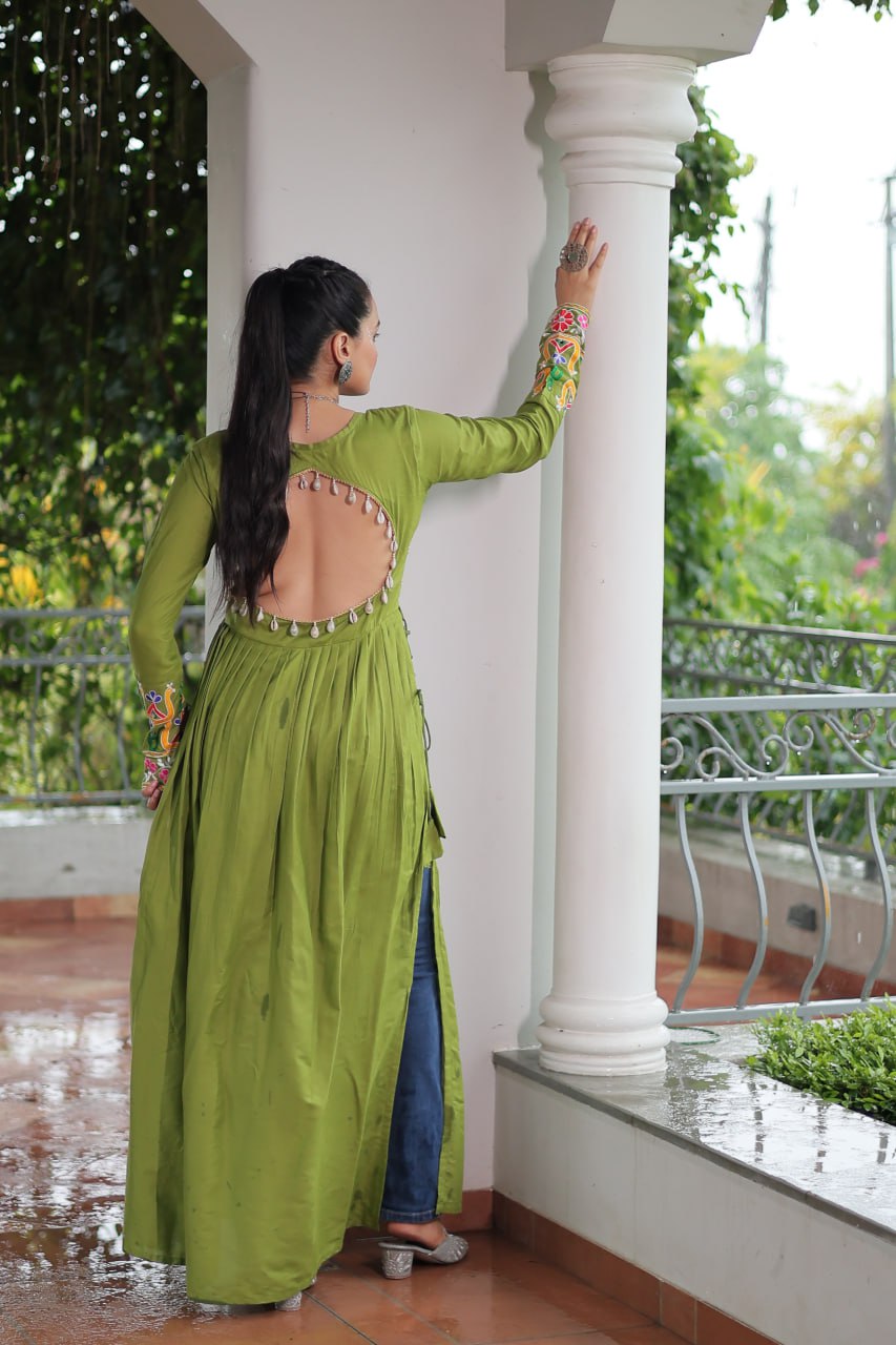 Green Rayon Kutchi Gamthi Work Round Neck Navratri Special Gown