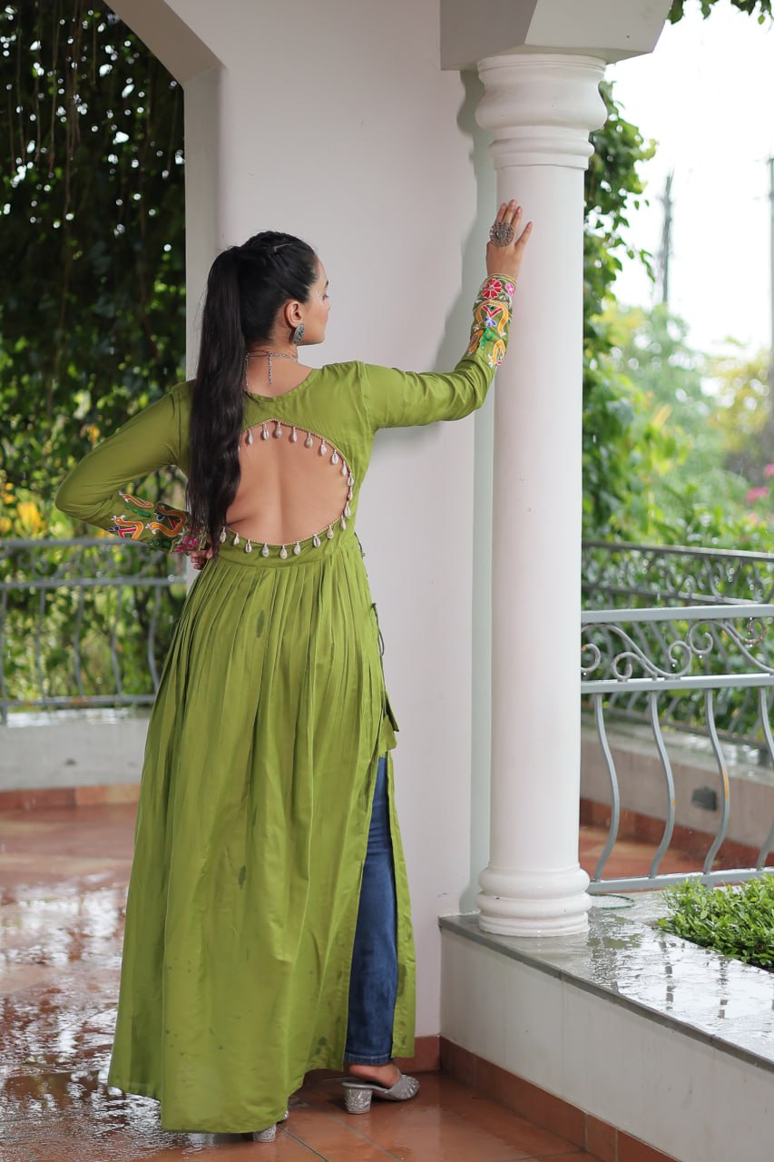 Green Rayon Kutchi Gamthi Work Round Neck Navratri Special Gown