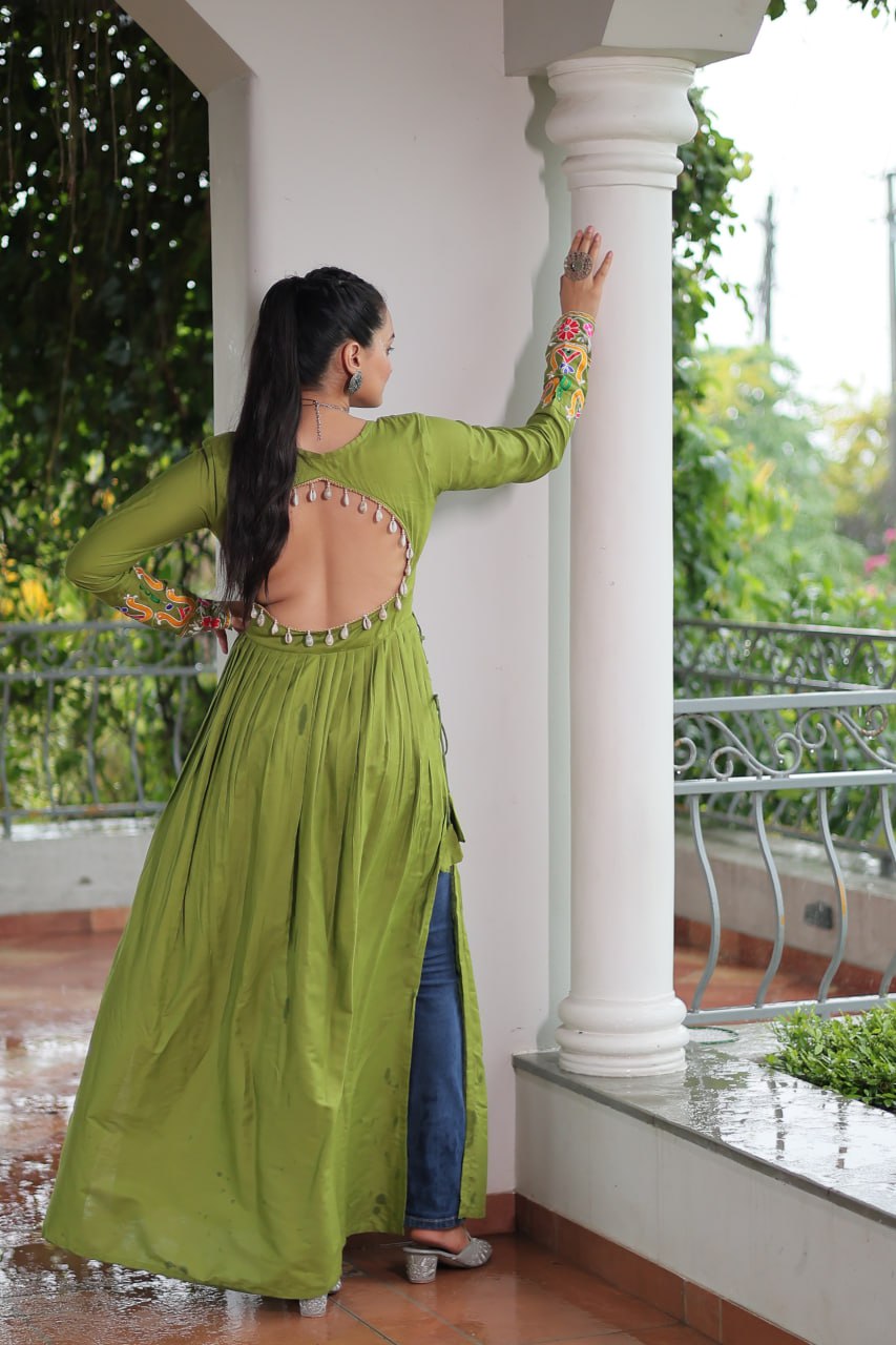 Green Rayon Kutchi Gamthi Work Round Neck Navratri Special Gown