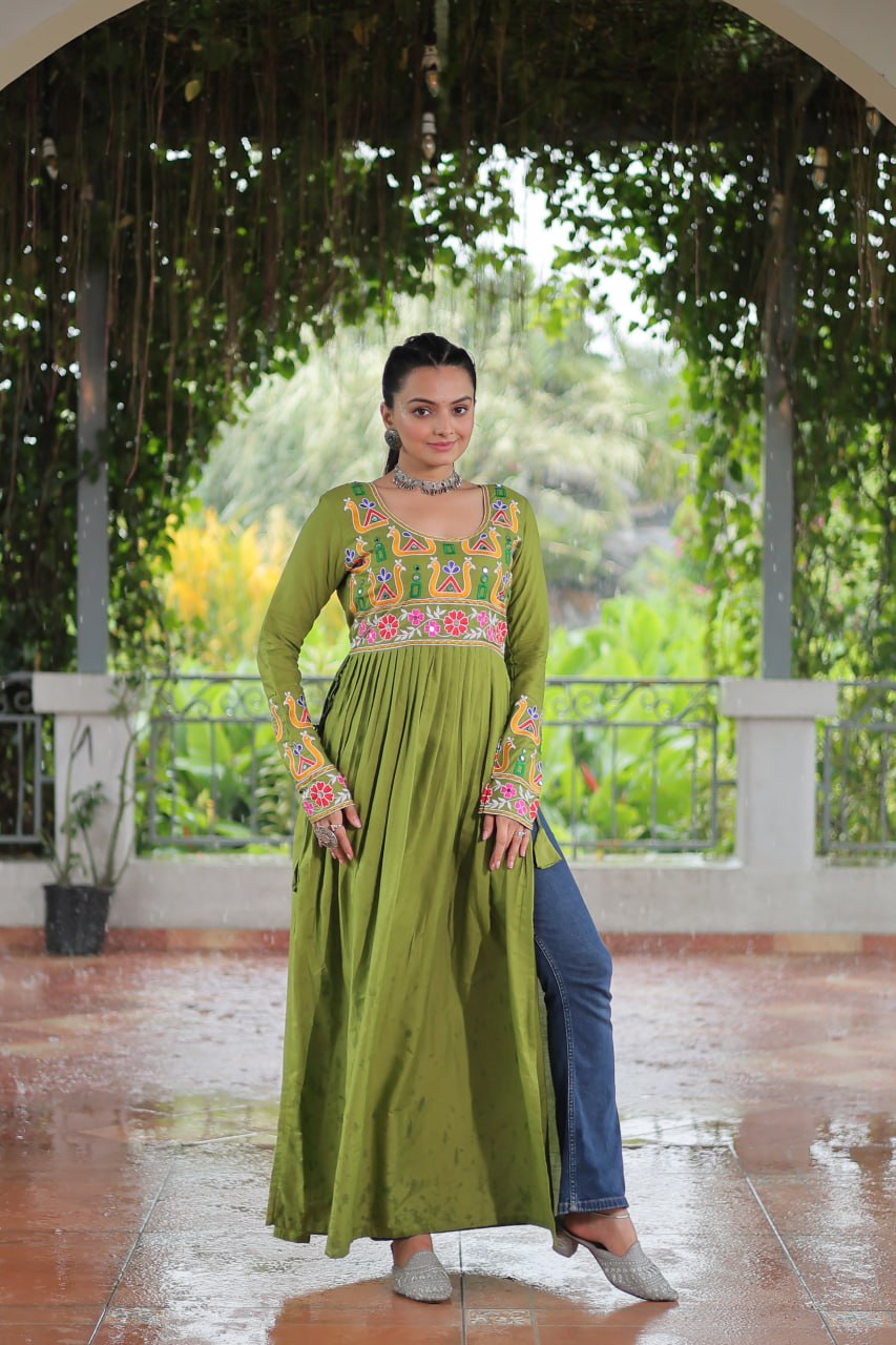 Green Rayon Kutchi Gamthi Work Round Neck Navratri Special Gown