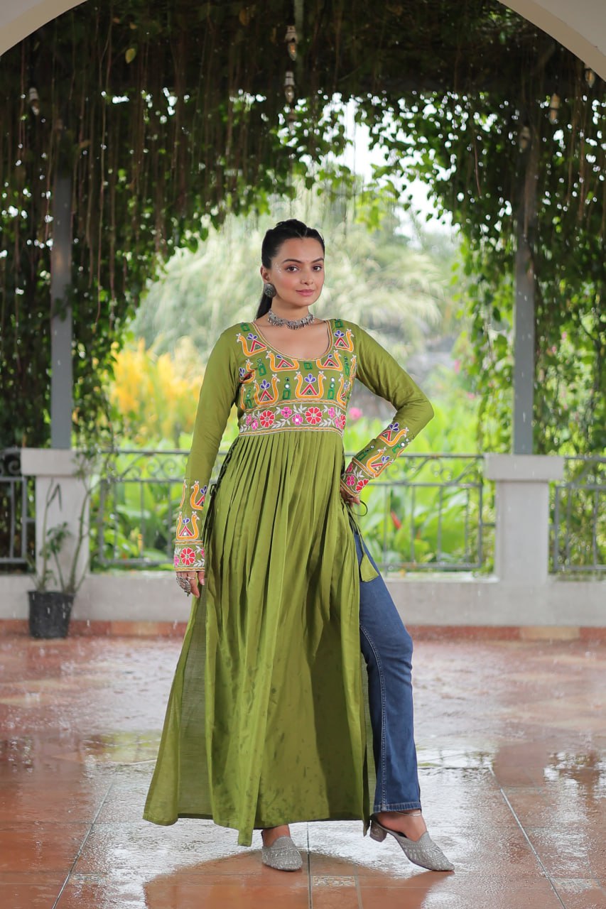 Green Rayon Kutchi Gamthi Work Round Neck Navratri Special Gown
