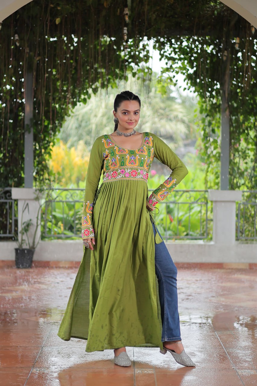 Green Rayon Kutchi Gamthi Work Round Neck Navratri Special Gown