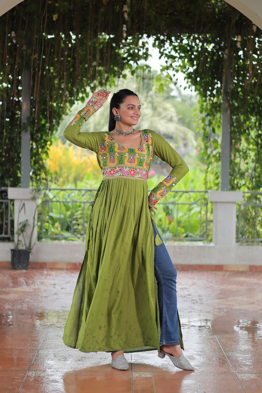 Green Rayon Kutchi Gamthi Work Round Neck Navratri Special Gown