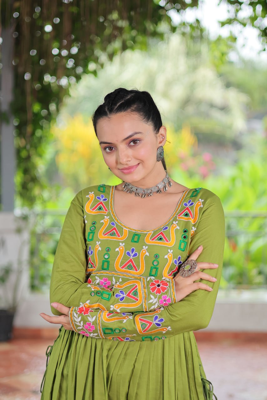 Green Rayon Kutchi Gamthi Work Round Neck Navratri Special Gown