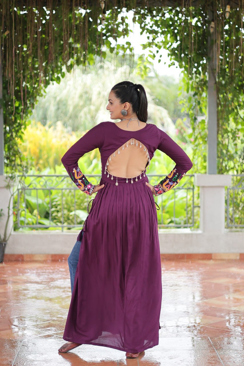 Wine Rayon Kutchi Gamthi Work Round Neck Navratri Special Gown