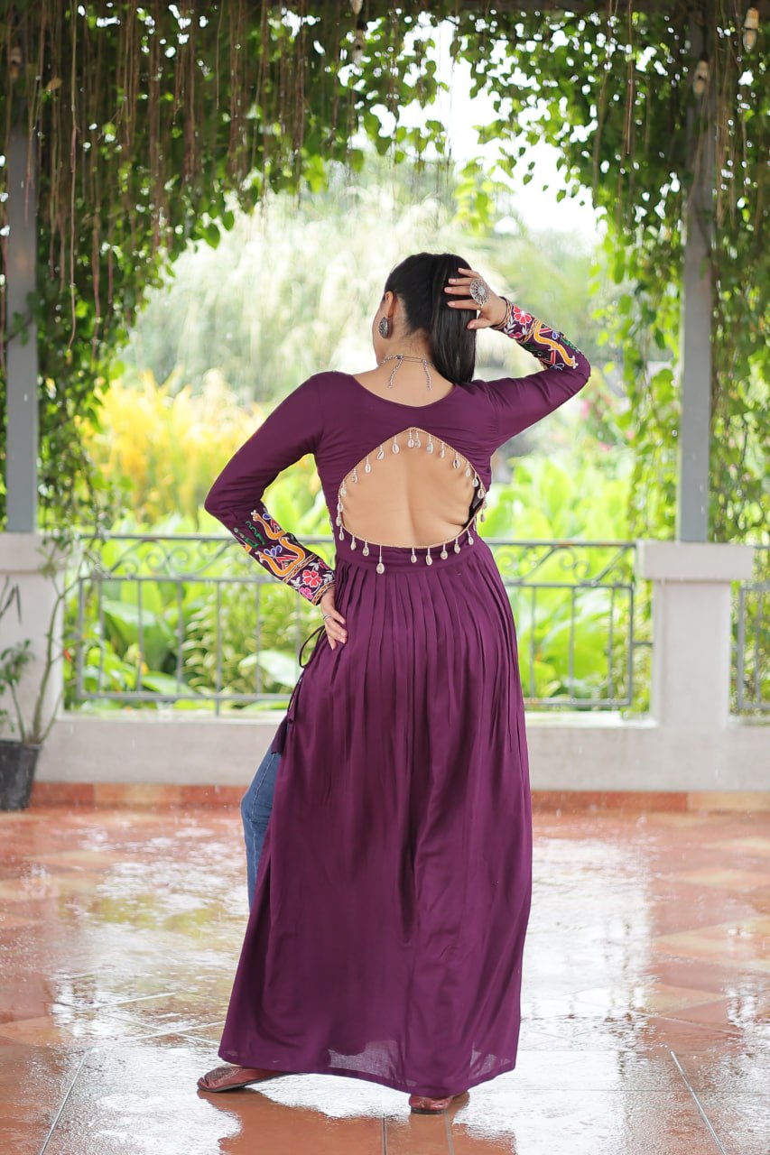 Wine Rayon Kutchi Gamthi Work Round Neck Navratri Special Gown