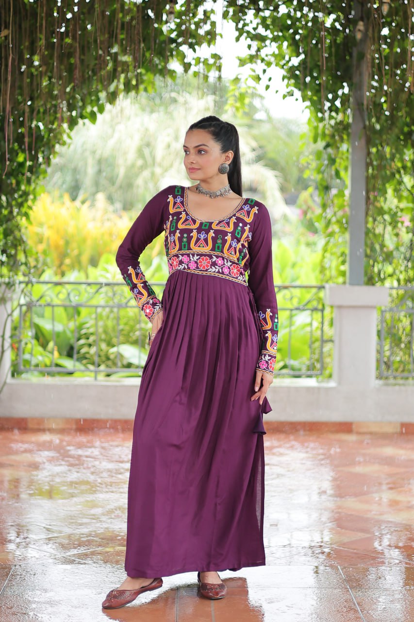 Wine Rayon Kutchi Gamthi Work Round Neck Navratri Special Gown