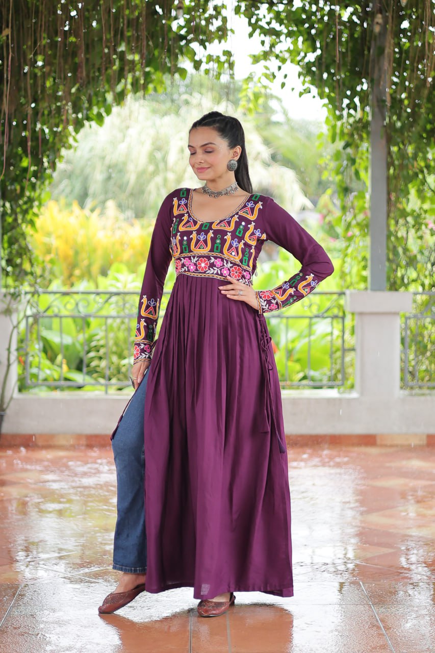 Wine Rayon Kutchi Gamthi Work Round Neck Navratri Special Gown