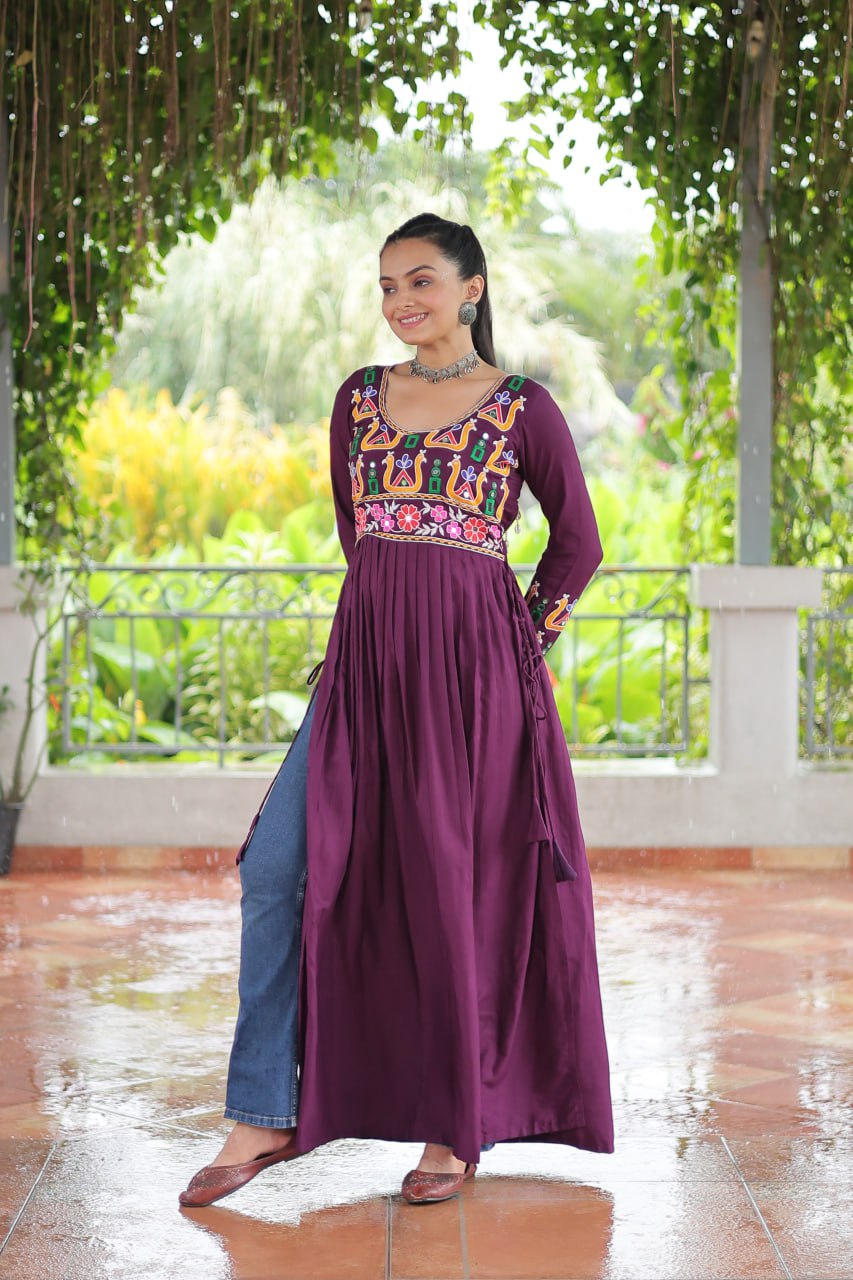 Wine Rayon Kutchi Gamthi Work Round Neck Navratri Special Gown