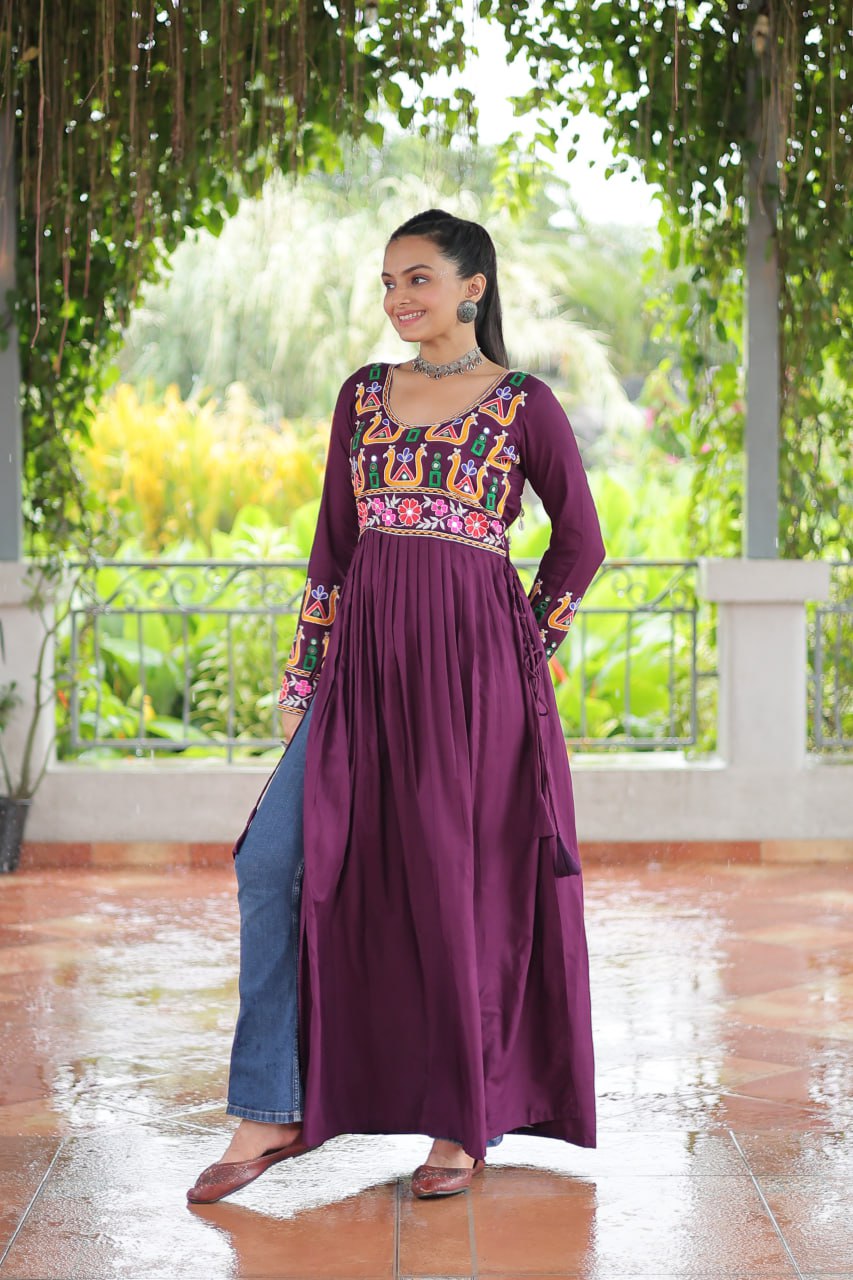 Wine Rayon Kutchi Gamthi Work Round Neck Navratri Special Gown