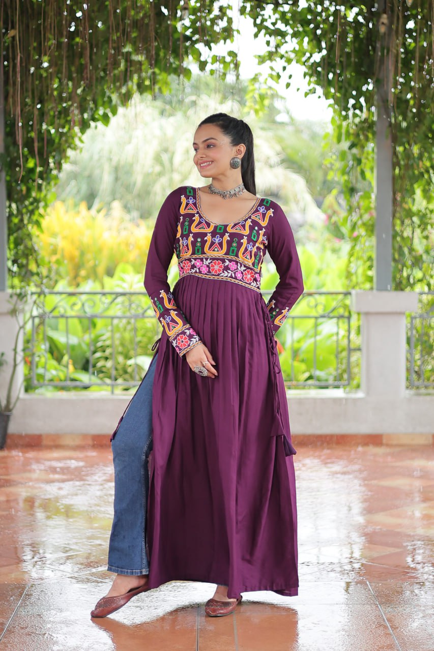 Wine Rayon Kutchi Gamthi Work Round Neck Navratri Special Gown