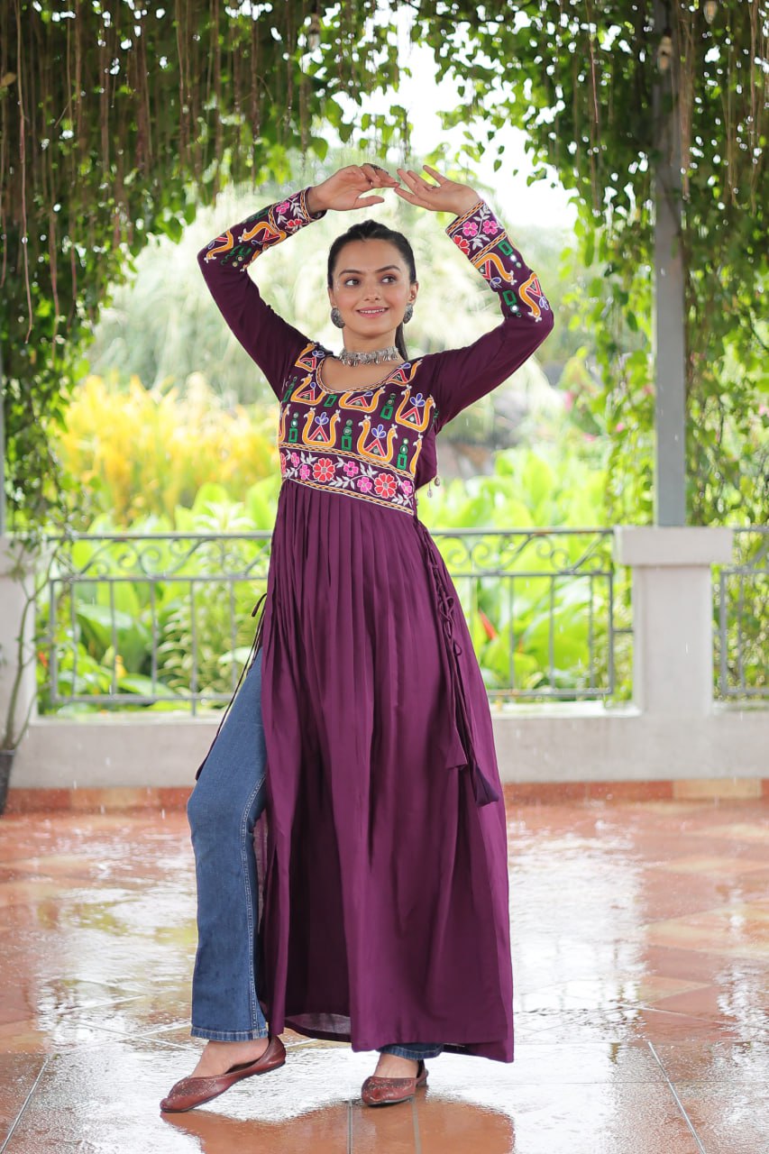 Wine Rayon Kutchi Gamthi Work Round Neck Navratri Special Gown