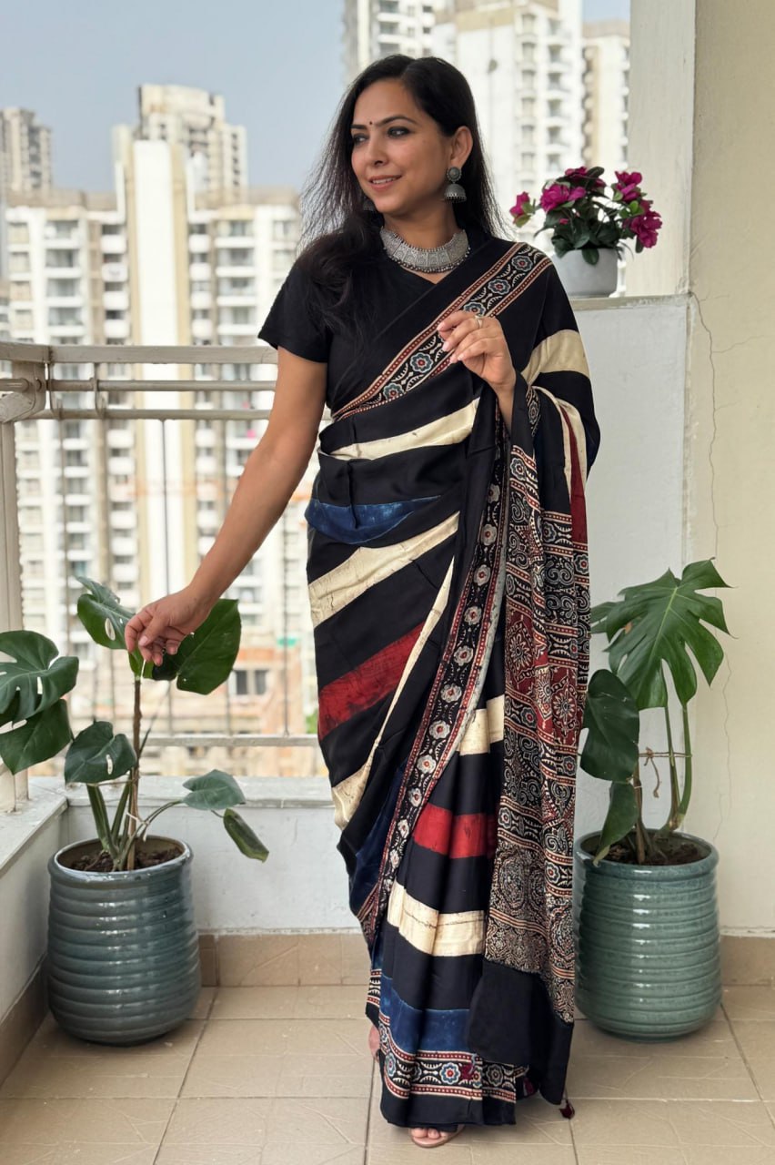 Black Multicolor Original Semi Gajji Silk Traditional Ajrak Design Saree