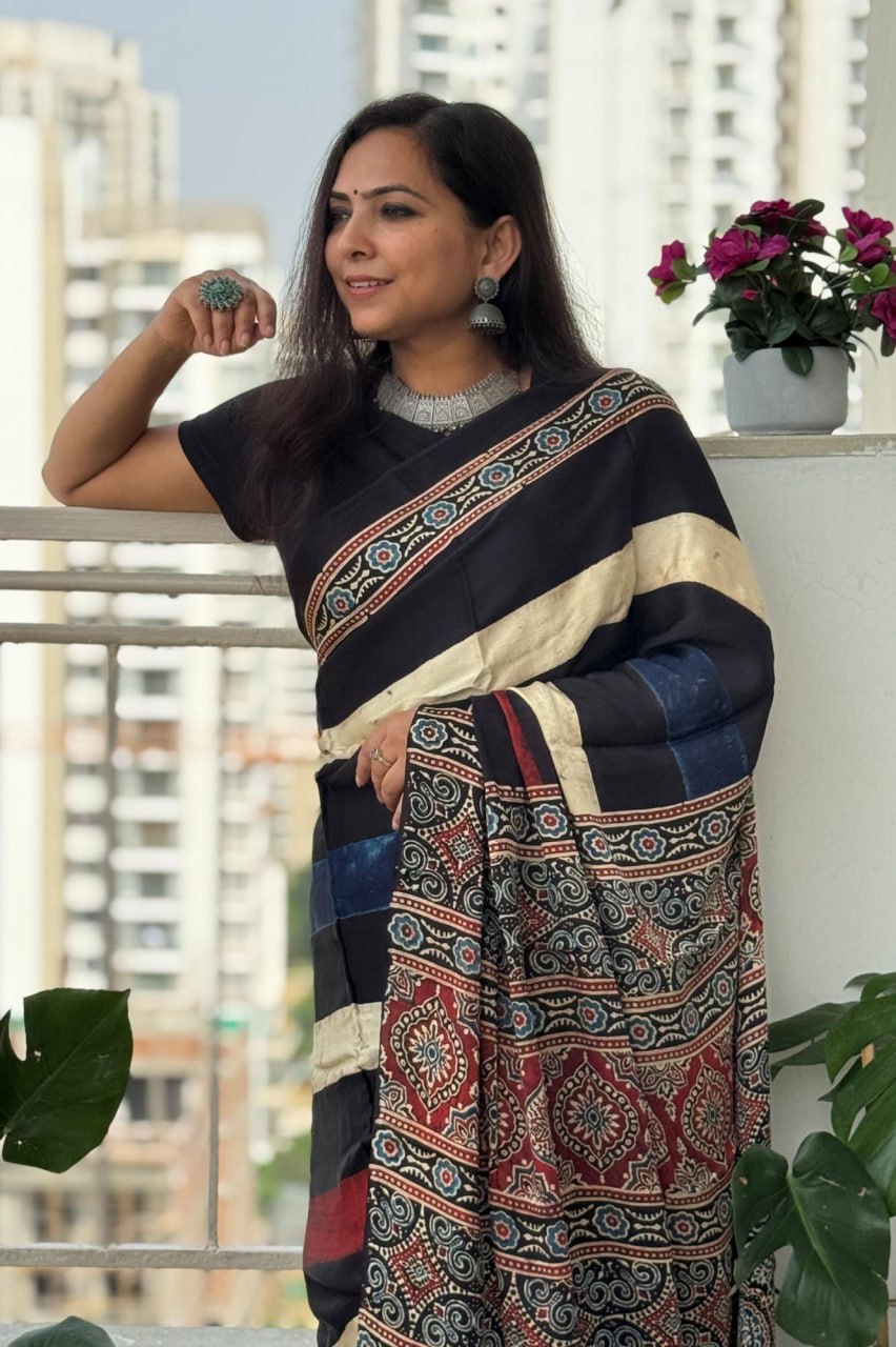 Black Multicolor Original Semi Gajji Silk Traditional Ajrak Design Saree