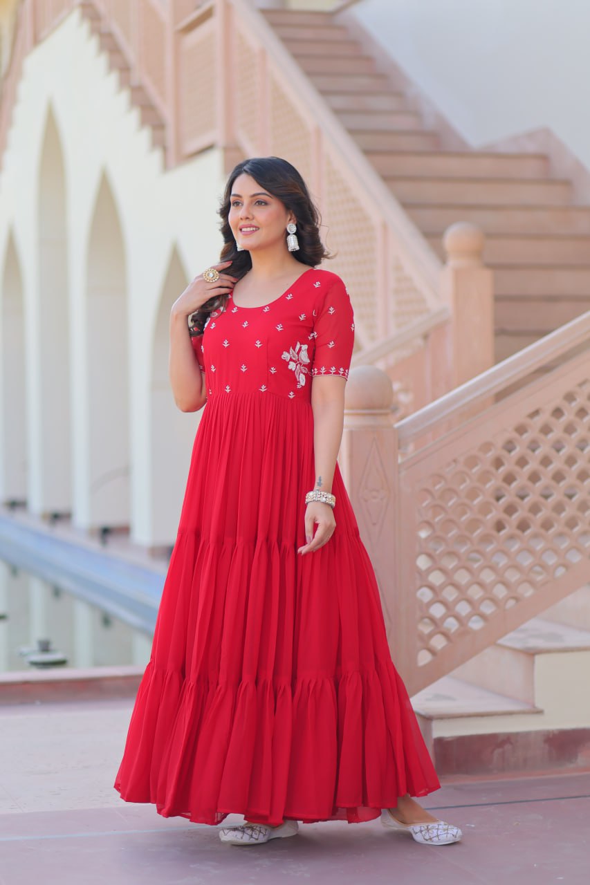 Red Faux Blooming Designer Round Neck Embroidery Work Gown