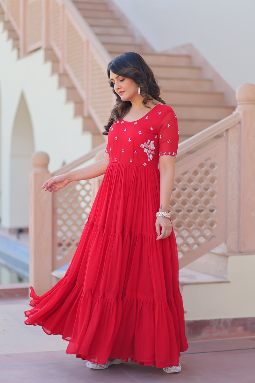 Red Faux Blooming Designer Round Neck Embroidery Work Gown
