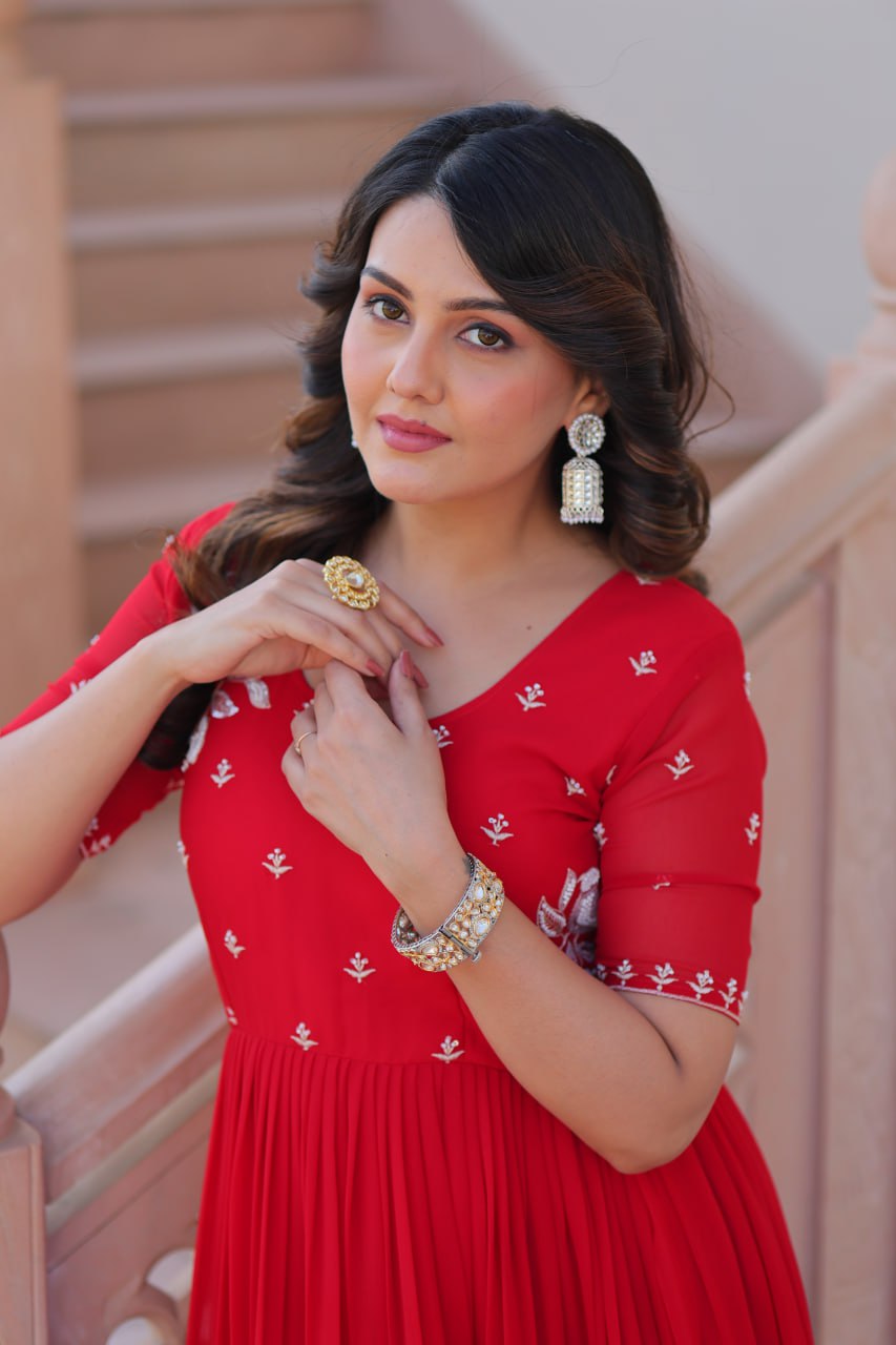 Red Faux Blooming Designer Round Neck Embroidery Work Gown