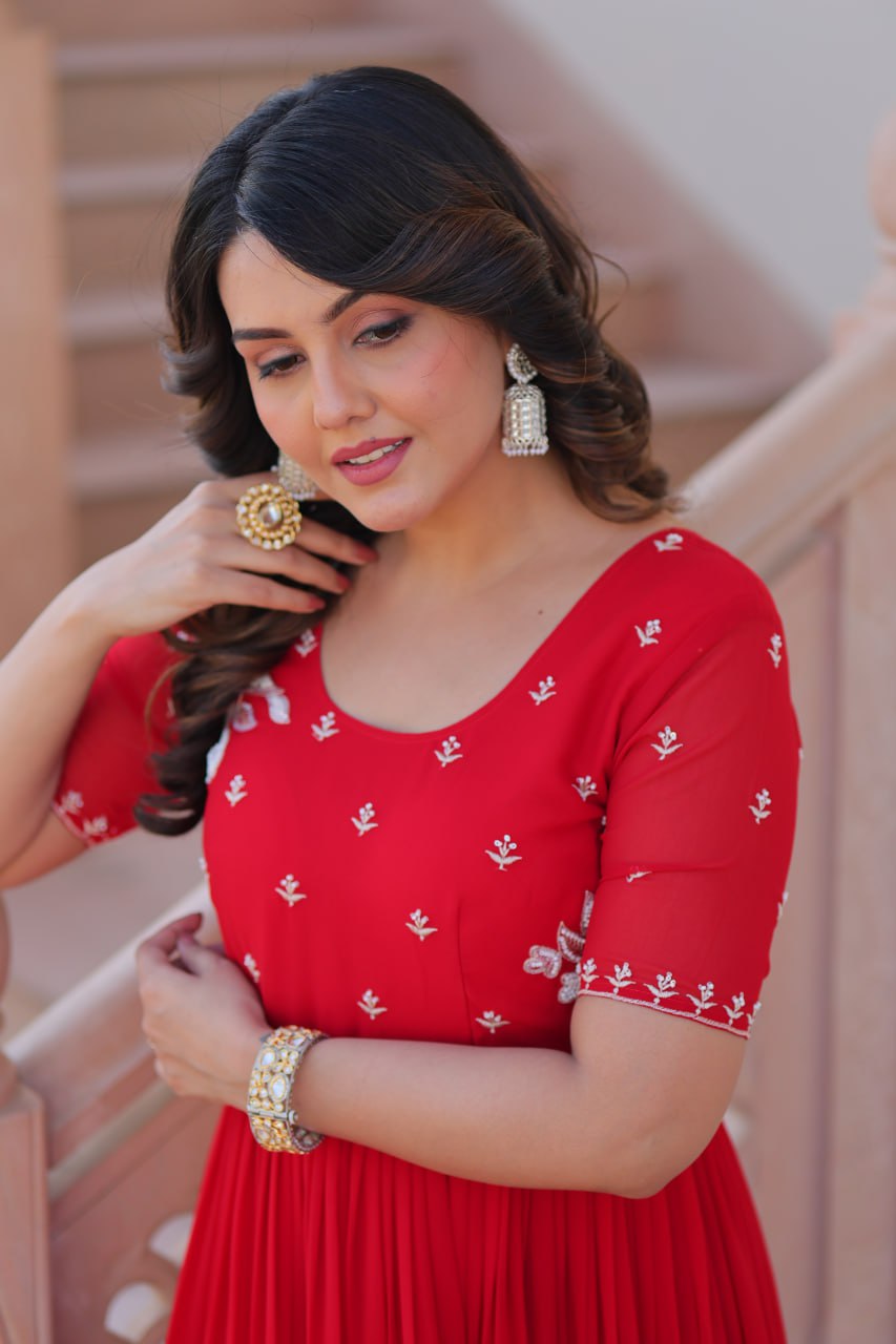 Red Faux Blooming Designer Round Neck Embroidery Work Gown