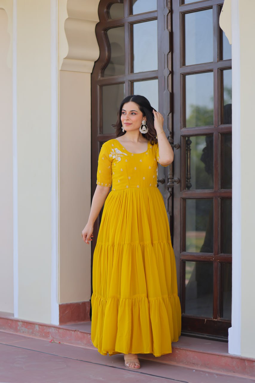 Yellow Faux Blooming Designer Round Neck Embroidery Work Gown