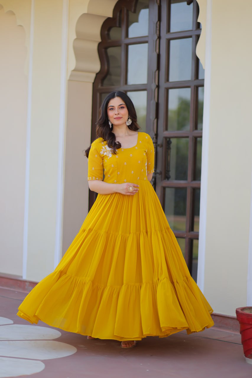 Yellow Faux Blooming Designer Round Neck Embroidery Work Gown