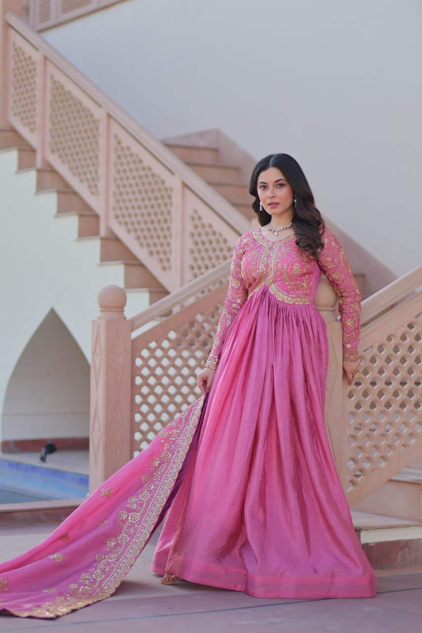 Pink Gold Crush Fabric With Sequins Embroidered Work Gown