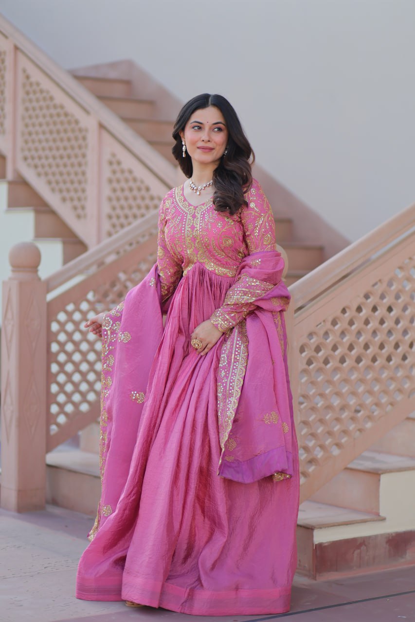 Pink Gold Crush Fabric With Sequins Embroidered Work Gown