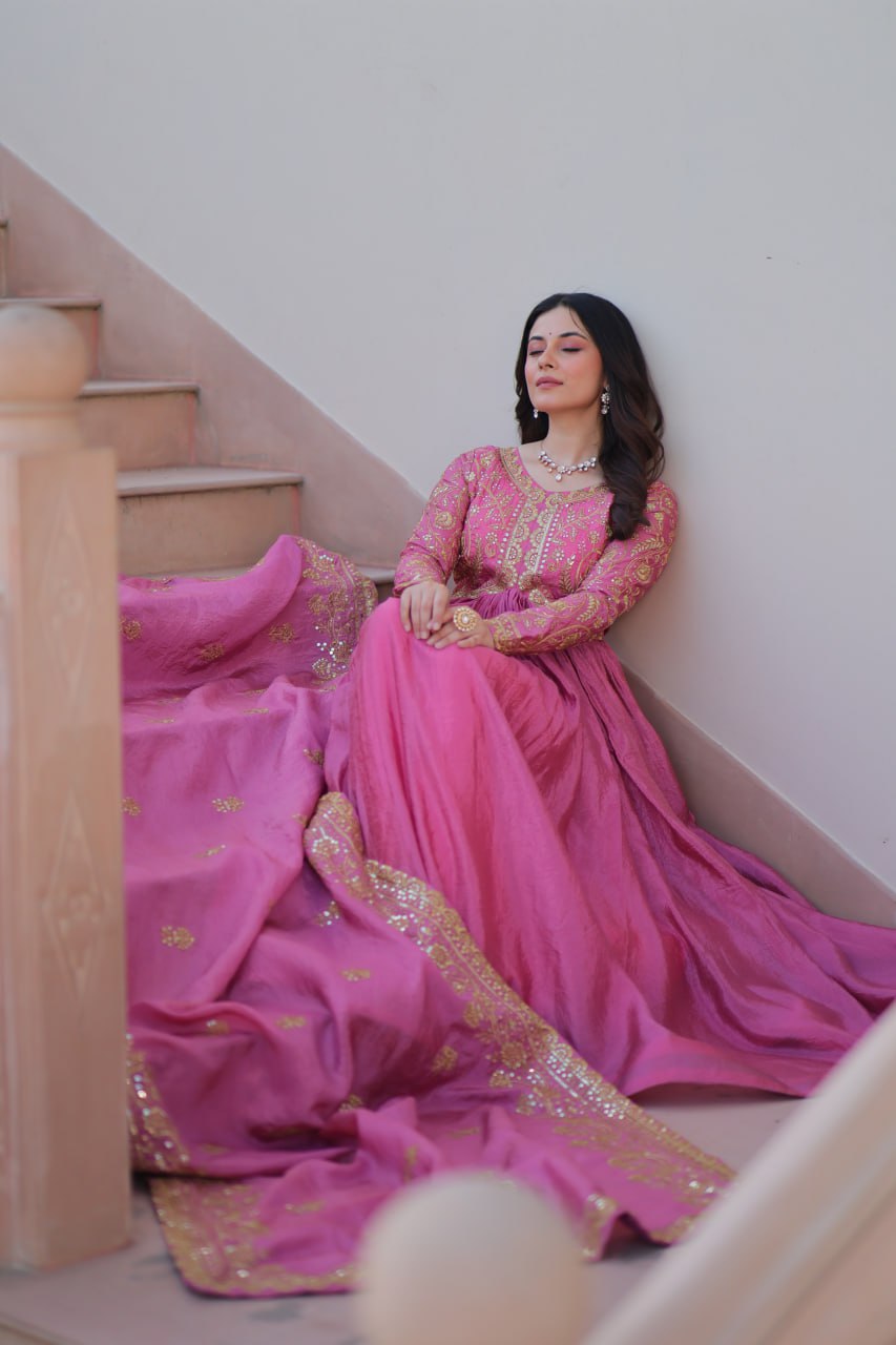 Pink Gold Crush Fabric With Sequins Embroidered Work Gown