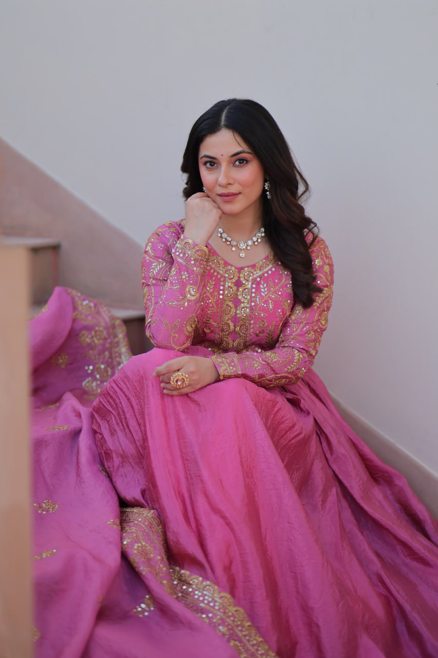 Pink Gold Crush Fabric With Sequins Embroidered Work Gown