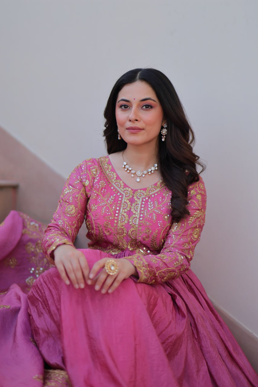 Pink Gold Crush Fabric With Sequins Embroidered Work Gown