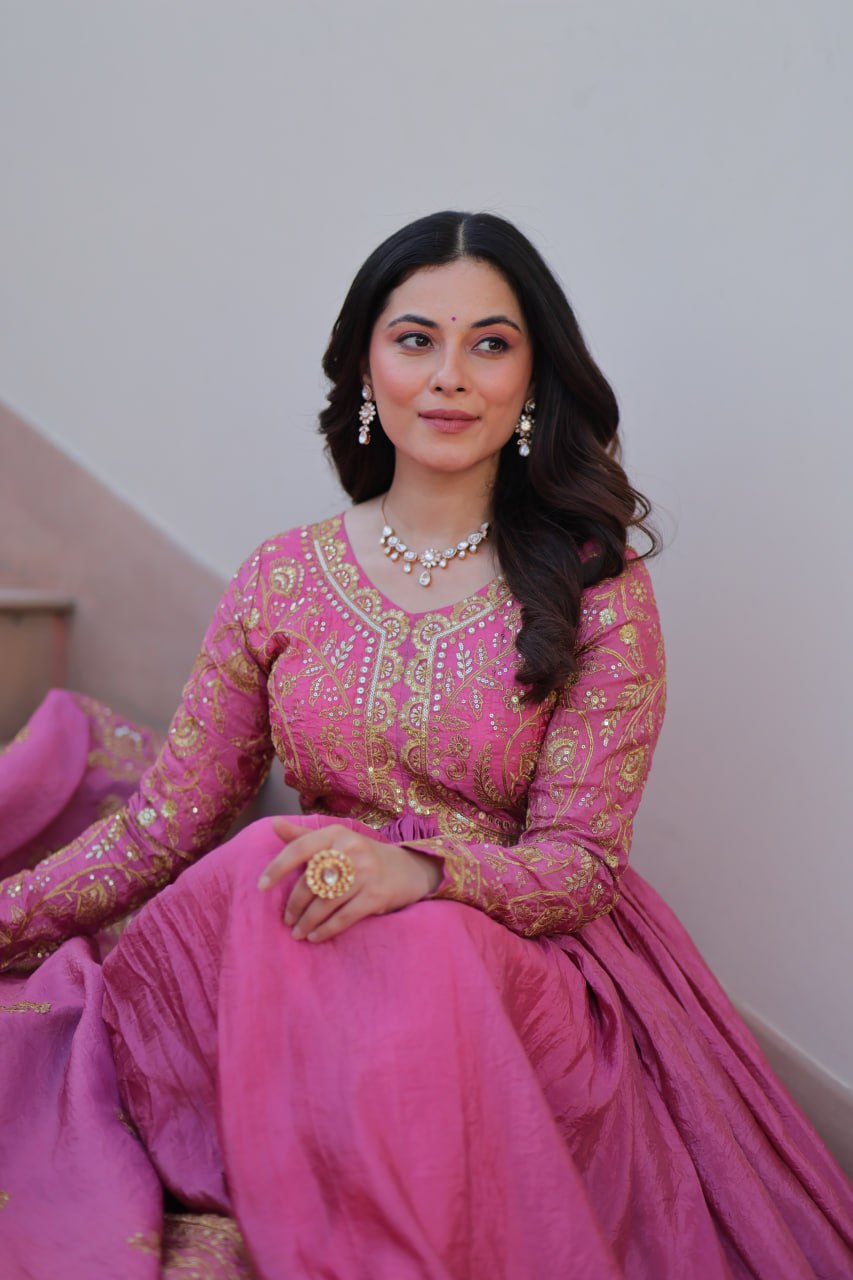 Pink Gold Crush Fabric With Sequins Embroidered Work Gown