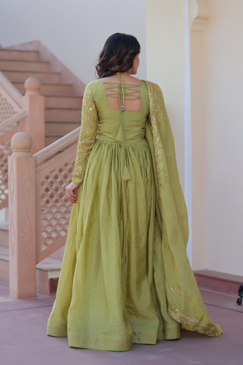 Green Gold Crush Fabric With Sequins Embroidered Work Gown