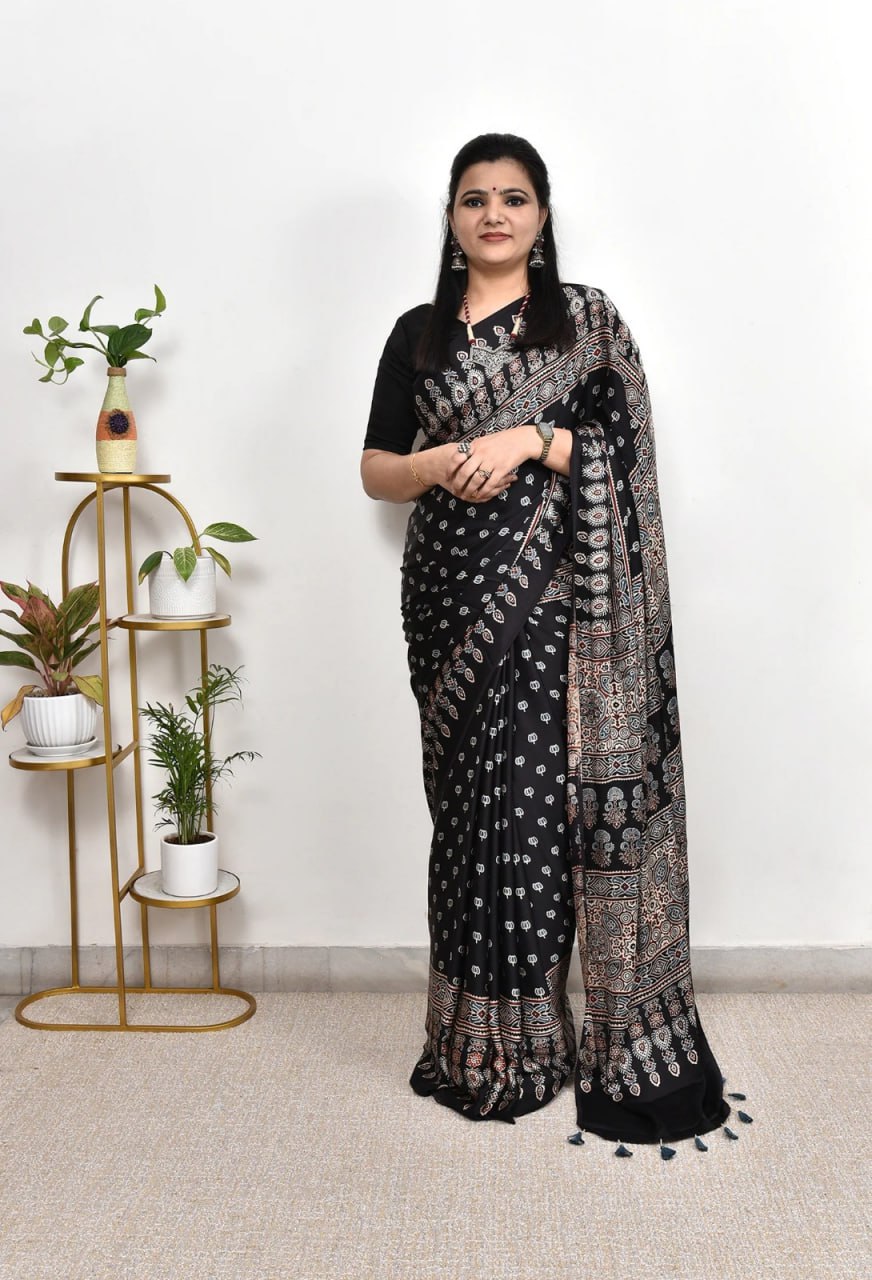 Black Semi Gajji Silk Ajrakh Rich Pallu With Contrast Blouse Saree