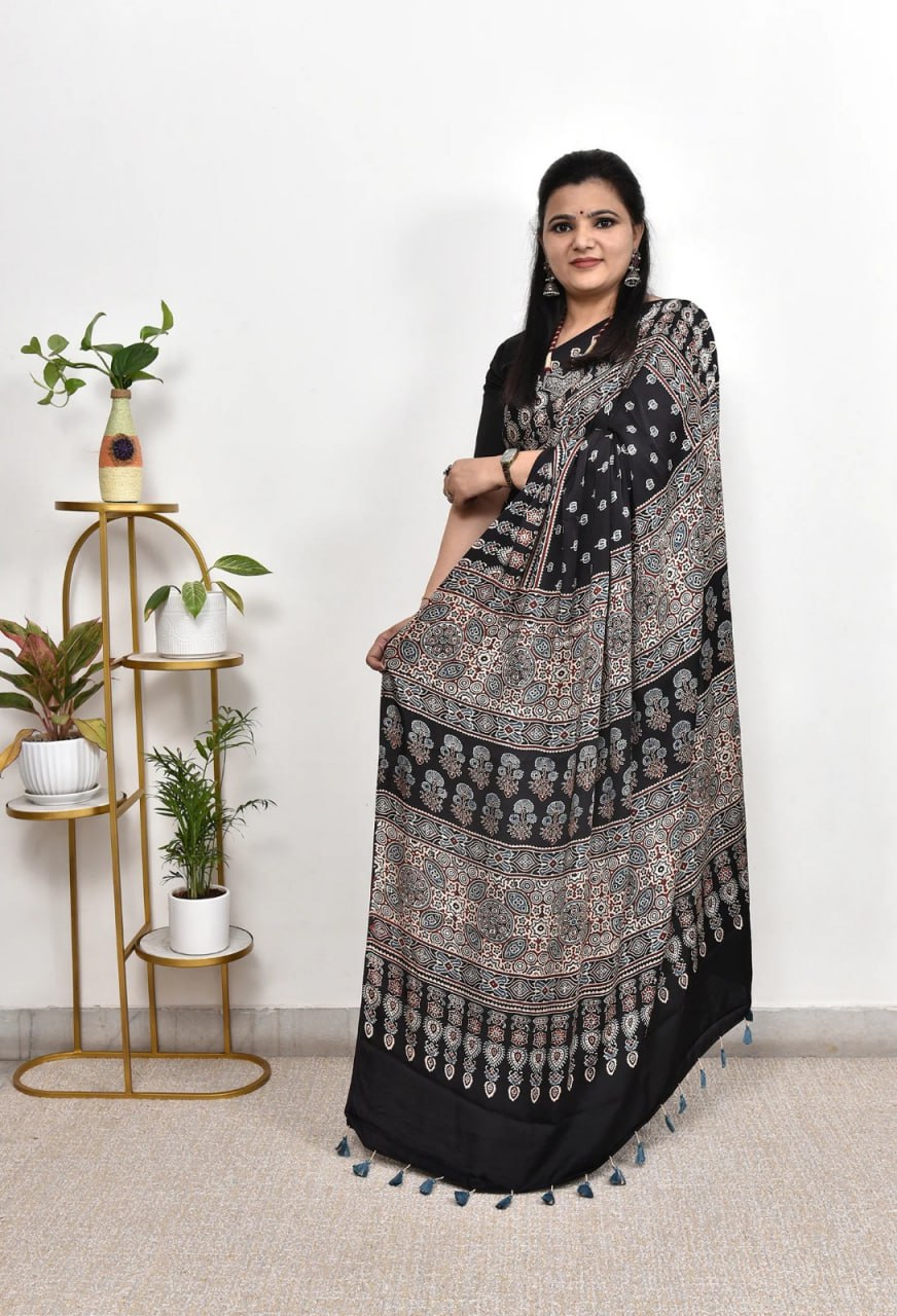 Black Semi Gajji Silk Ajrakh Rich Pallu With Contrast Blouse Saree