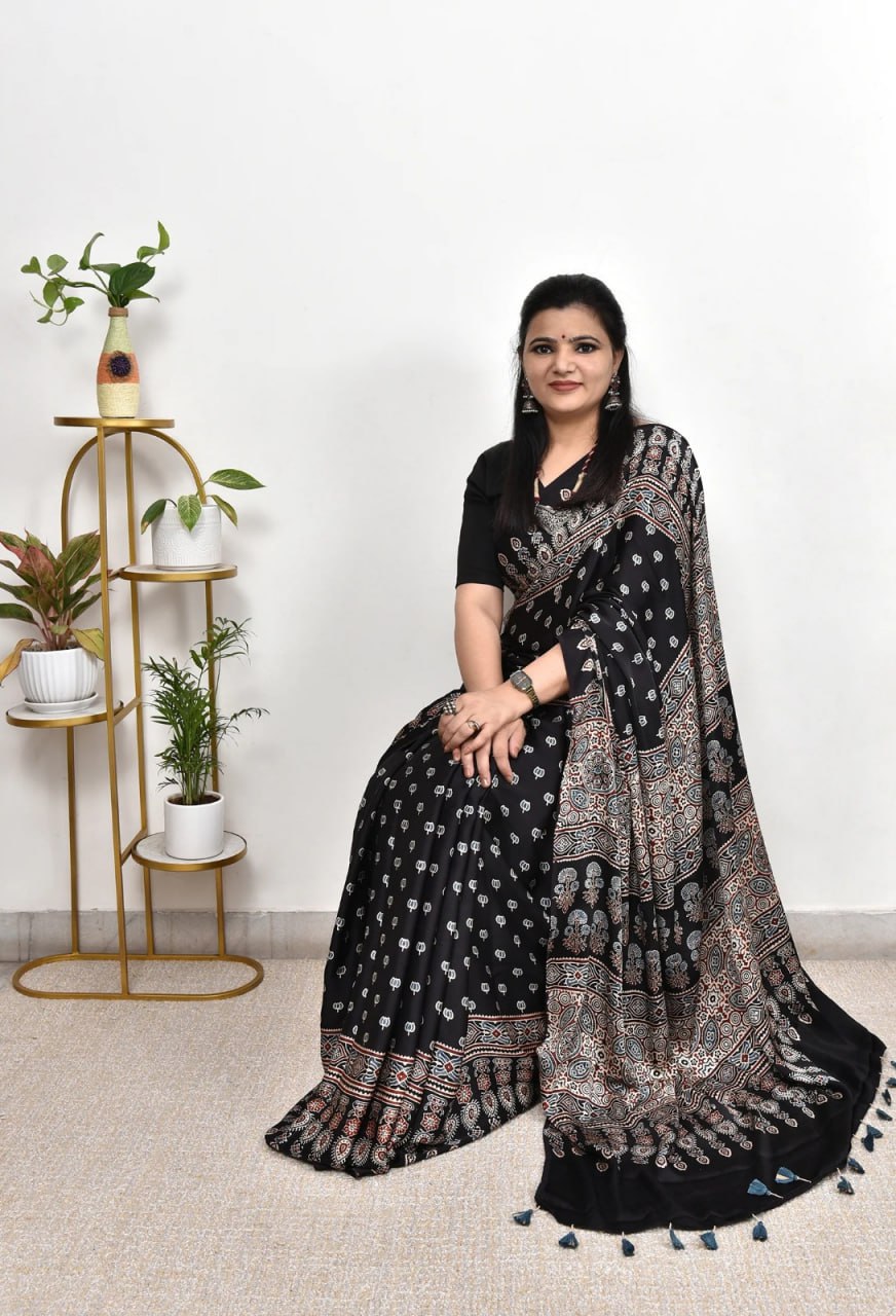 Black Semi Gajji Silk Ajrakh Rich Pallu With Contrast Blouse Saree