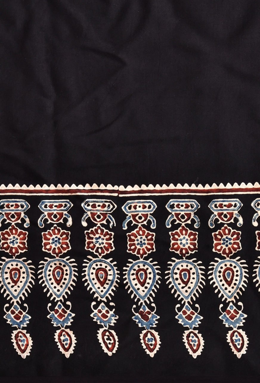 Black Semi Gajji Silk Ajrakh Rich Pallu With Contrast Blouse Saree